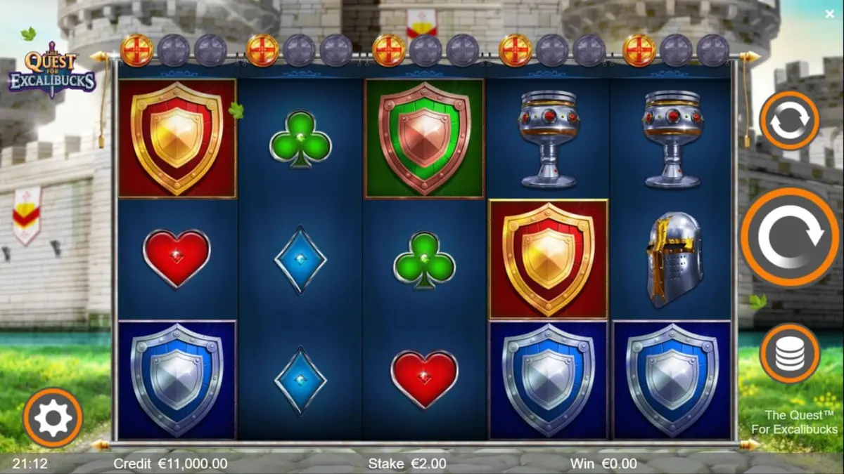 O castelo medieval e a espada Excalibur no slot The Quest for Excalibucks