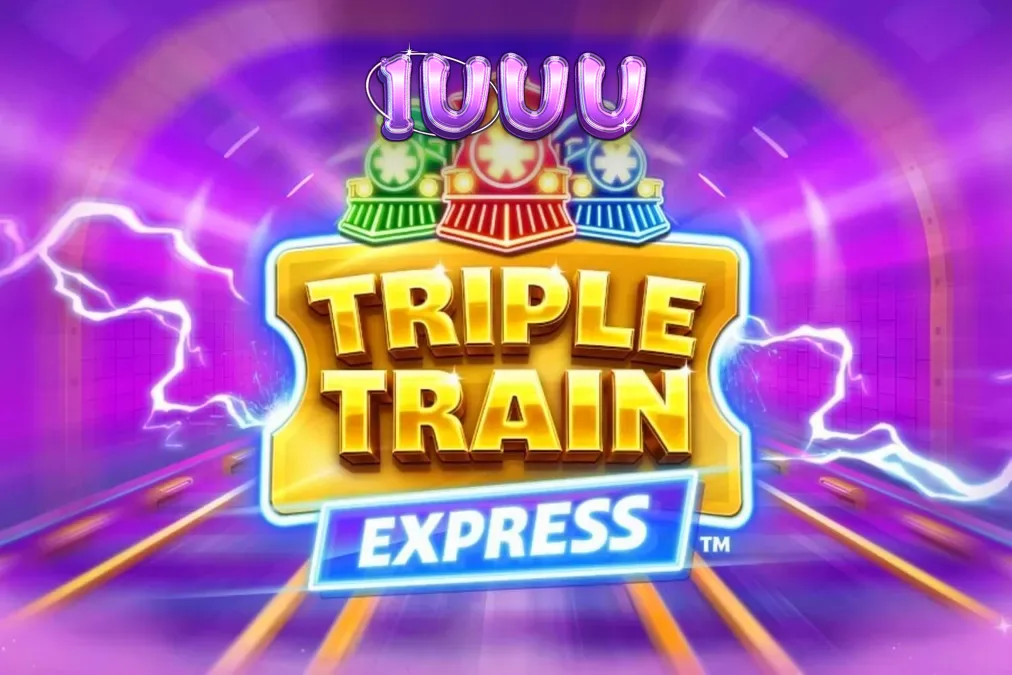 Locomotivas futuristas neon correndo em um túnel cibernético no slot Triple Train Express